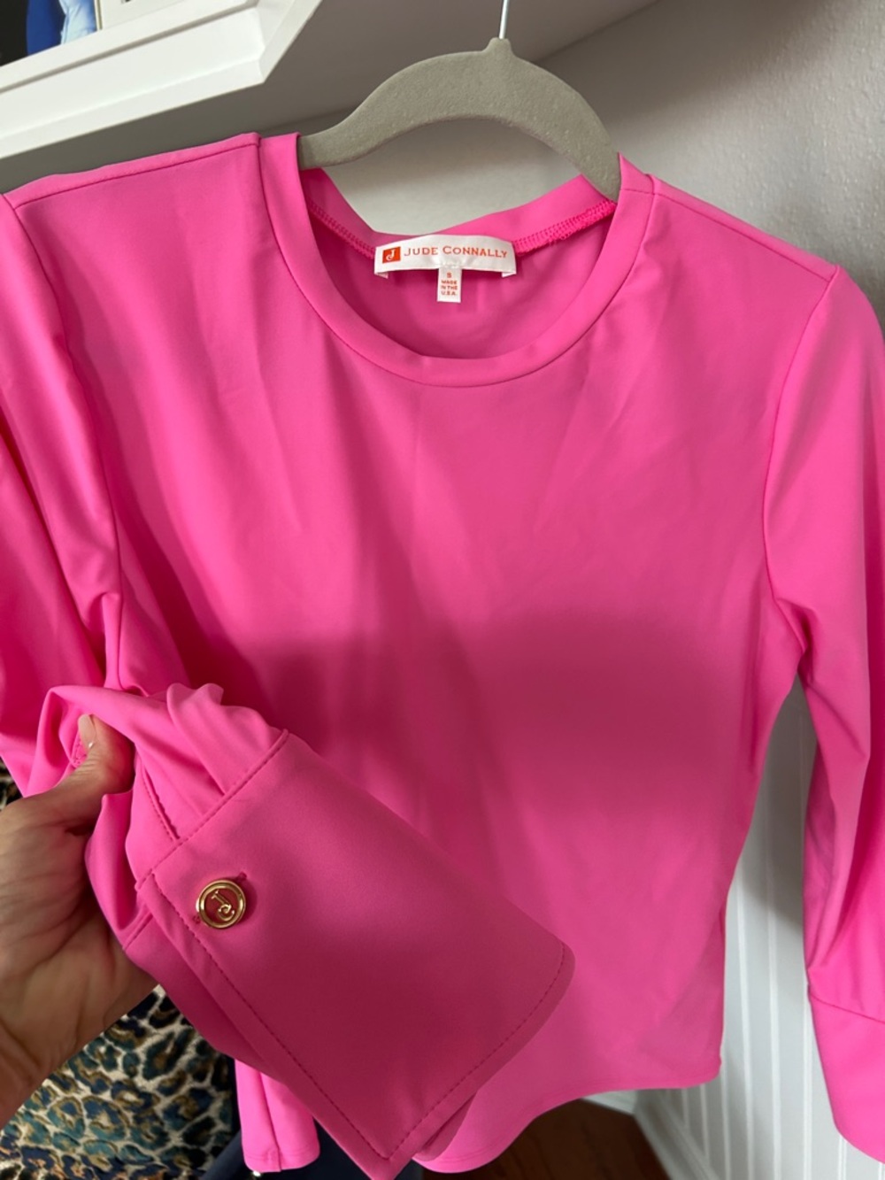 Jude Connally Bright Pink Long Sleeve Crewneck Top with bottom cuff